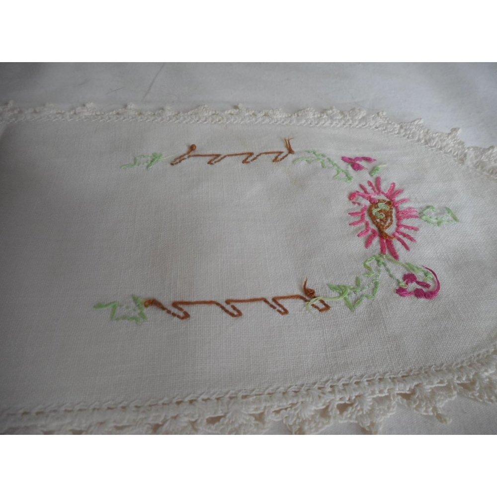 Vintage Pink Floral handmade embroidered oval Lace Dresser scarf 15.5 x 5 Estate - Picture 7 of 7